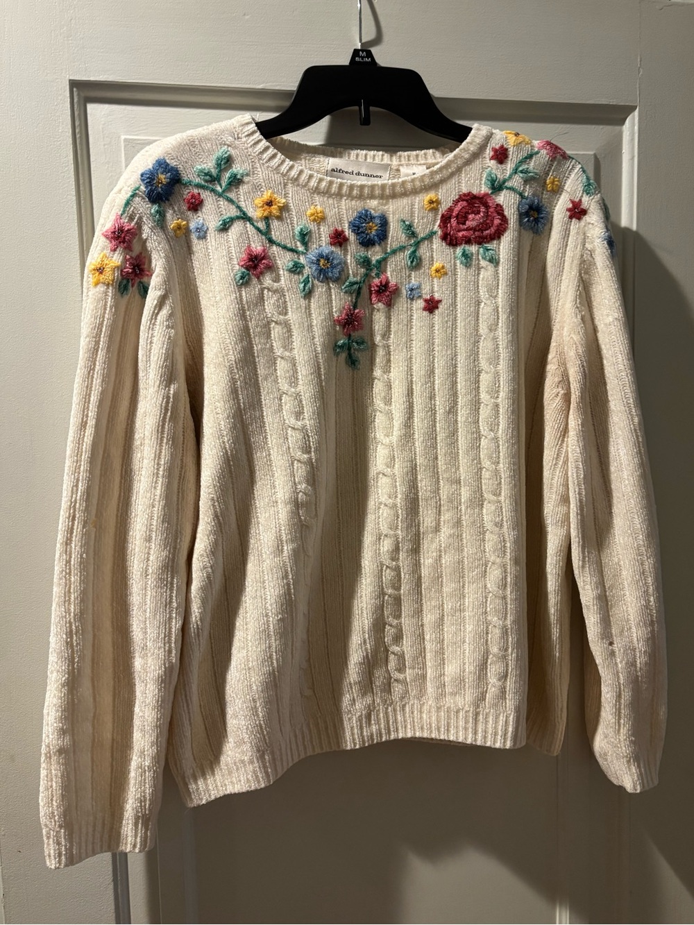 Alfred Dunner Cream Cable-Knit Sweater with Multicolor Floral Embroidery